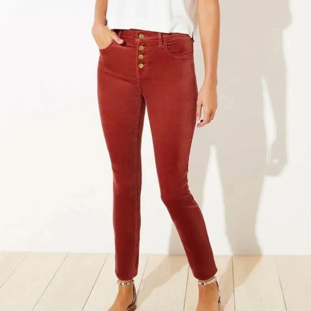 Loft Women's Stretchy Velvet High Waist Button Fly Skinny Pants Pink Size A
